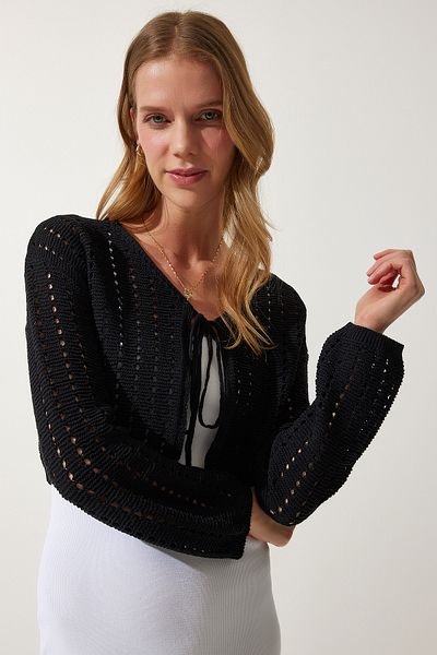 Happiness İstanbul Women's Black Openwork Knitwear Bolero Cardigan PF00074
