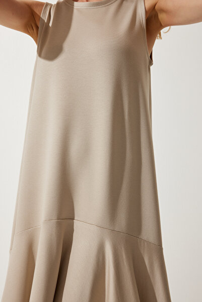 Happiness İstanbul Dámské béžové pletené zvonové šaty s výstřihem BF00089