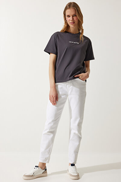 Happiness İstanbul Dámské základní pletené tričko s antracitovým potiskem NJ00141