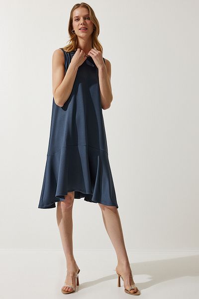 Happiness İstanbul Women's Indigo Blue Crew Neck Knitted Flounce Bell Dress BF00089