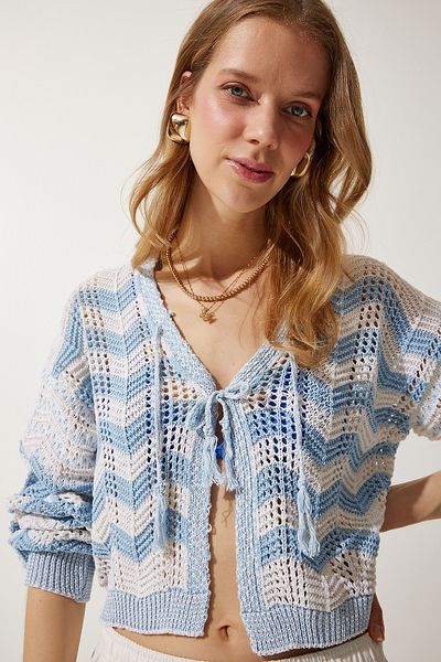 Happiness İstanbul Women's Cream Sky Blue Striped Openwork Seasonal Knitwear Cardigan MW00148