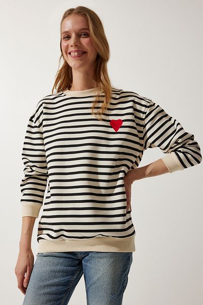 Happiness İstanbul Cremefarbenes, herzförmiges, gestreiftes Saison-Sweatshirt für Damen CR00431