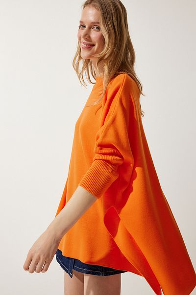 Happiness İstanbul Women's Orange Side Slit Oversize Poncho Sweater YY00005