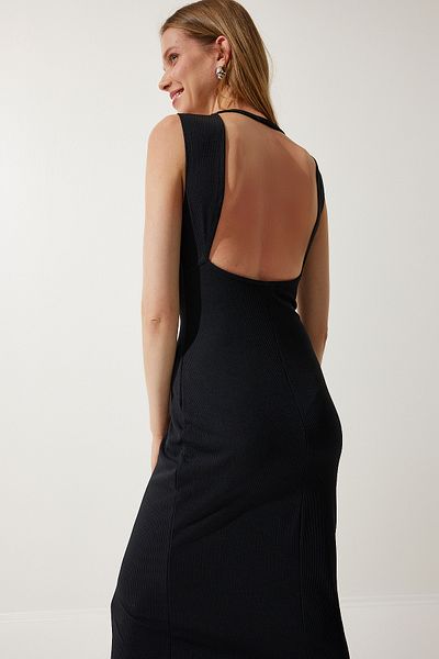 Happiness İstanbul Women's Black Backless Ribbed Knitted Dress MC00267