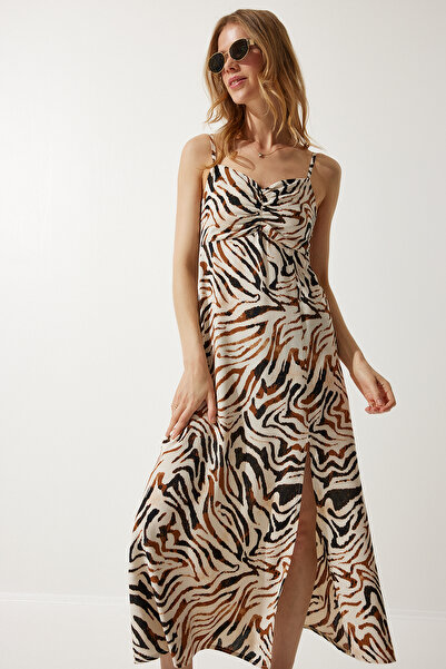 Happiness İstanbul Γυναικείο Κρεμ φόρεμα με μαύρο λουράκι από βισκόζη UB00236