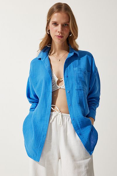 Happiness İstanbul Blaues Oversize-Musselinhemd für Damen mit Taschen MX00150