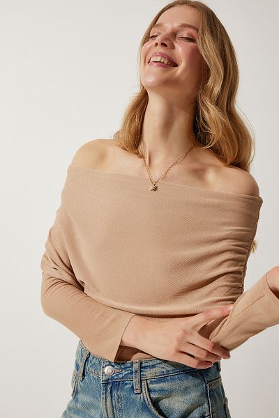 Happiness İstanbul Γυναικεία μπισκότα Off-the-Shoulder Gather Λεπτομερή μπλούζα US00920