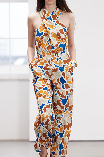 Trendyol Collection Limitovaná edice Vícebarevný vzorovaný límcový uzel Detailní Maxi tkaný overal TWOSS24TU00035