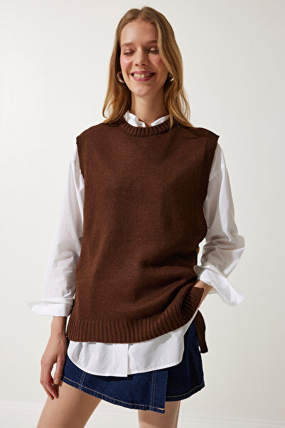 Happiness İstanbul Дамски кафяв плетен пуловер с кръгло деколте YG00100