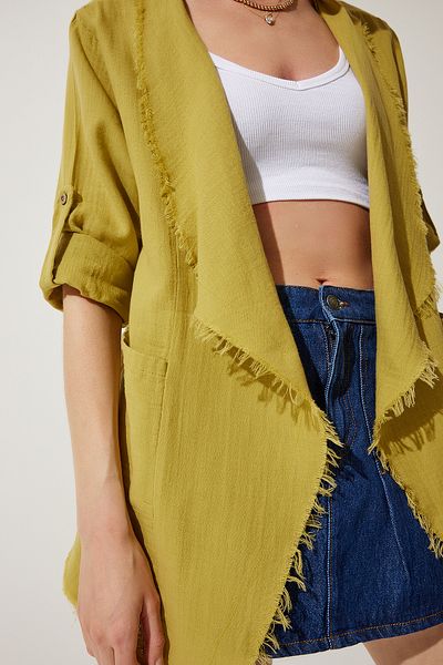 Happiness İstanbul Damen Ölgrüne asymmetrische Musselinjacke mit Fransendetail SA00020
