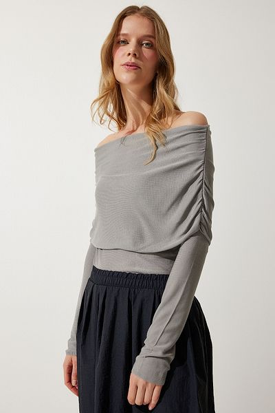 Happiness İstanbul Graue schulterfreie Bluse mit Kordelzug für Damen US00920