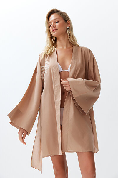 Trendyol Collection Beige Belted Mini Woven Embroidered 100% Cotton Kimono&Kaftan TBESS24KM00008