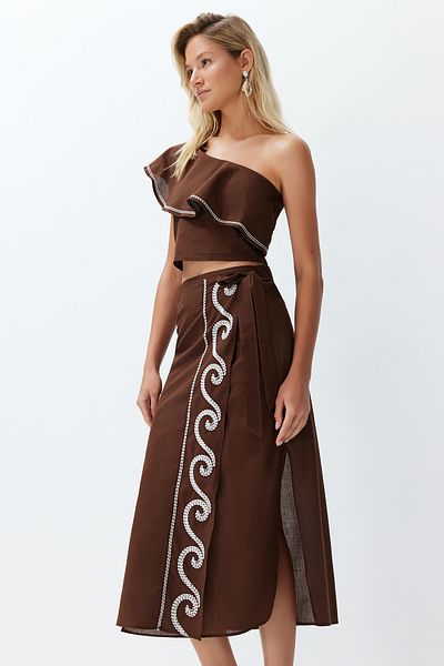 Trendyol Collection Barna strandblúz hatású öltöny 100% pamut pamut Flounced egy váll Flounced Flounced