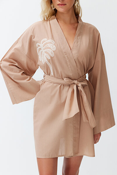 Trendyol Collection Beige Belted Mini Woven Embroidered 100% Cotton Kimono&Kaftan TBESS24KM00008