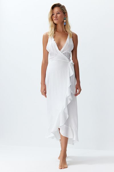 Trendyol Collection Φόρεμα παραλίας με λευκή ζώνη Midi Woven Flounce TBESS24EL00044
