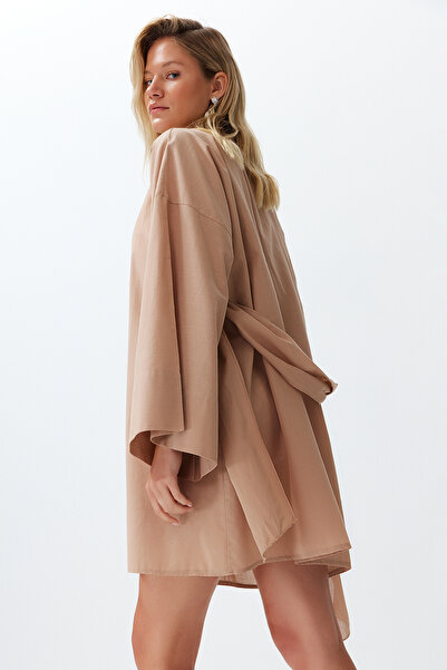 Trendyol Collection Beige Belted Mini Woven Embroidered 100% Cotton Kimono&Kaftan TBESS24KM00008