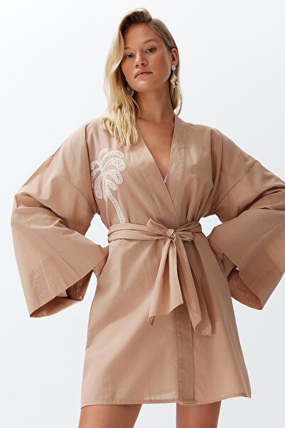 Trendyol Collection Beige Belted Mini Woven Embroidered 100% Cotton Kimono&Kaftan TBESS24KM00008