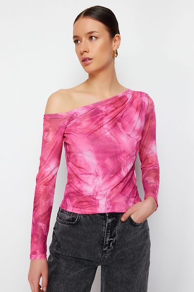 Trendyol Collection Ροζ*001 Πλεκτή μπλούζα με μοτίβο από τούλι ασύμμετρο γιακά TWOAW24BZ00051