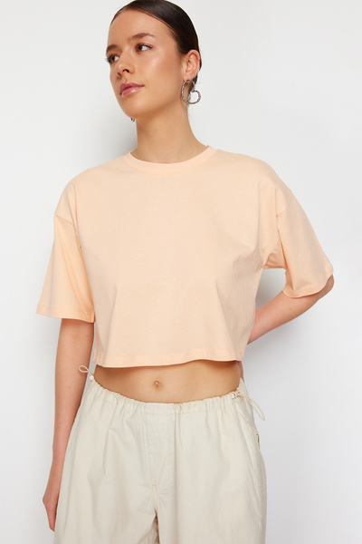 Trendyol Collection Premium Knitted Crop T-Shirt - 100% Cotton, Peach Twoss23Ts00038