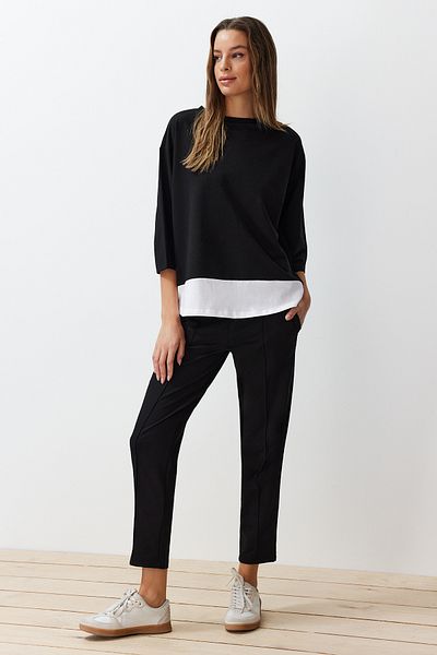 Trendyol Collection Relaxed Fit fekete kötött blúz és nadrág szett - Garni Detailed, TWOSS24AU00069