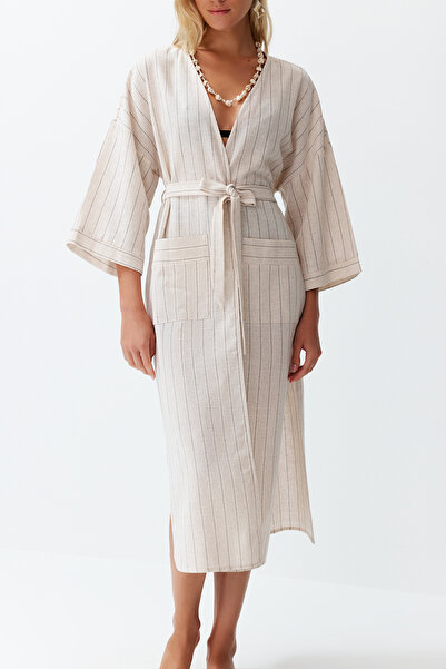 Trendyol Collection Striped Belted Maxi Woven Linen Blended Kimono&Kaftan TBESS24KM00027