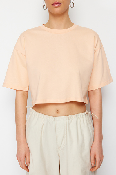 Trendyol Collection Premium Knitted Crop T-Shirt - 100% Cotton, Peach Twoss23Ts00038