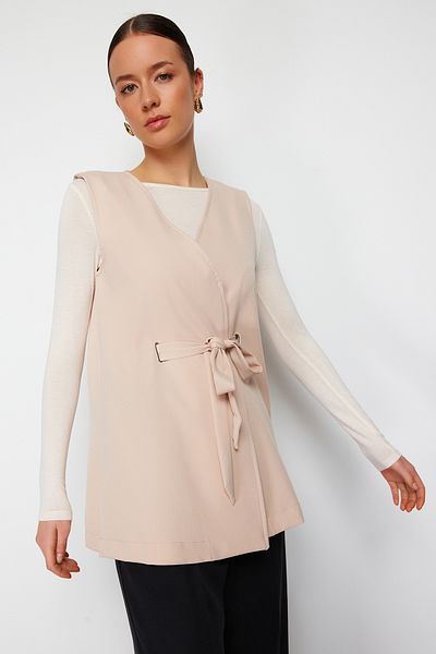 Trendyol Modest Beige Gold Detailed Belted Plain Woven Vest TCTSS24YL00006