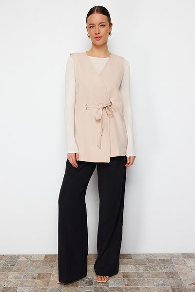 Trendyol Modest Beige Gold Detailed Belted Plain Woven Vest TCTSS24YL00006