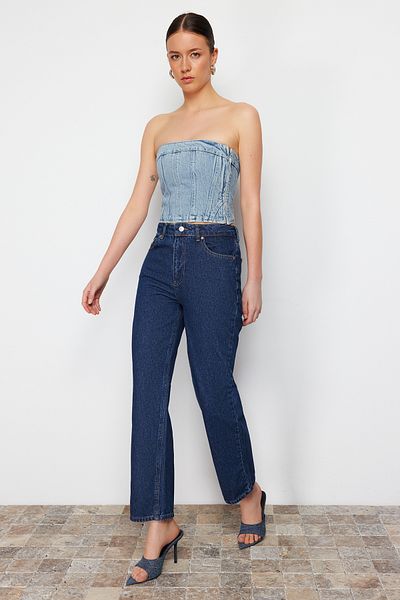 Trendyol Collection Sötétkék, magas derekú, egyenes farmernadrág TWOSS24JE00290
