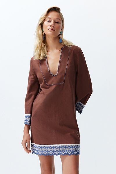 Trendyol Collection Καφέ Μίνι υφαντό αξεσουάρ ρίγες 100% βαμβακερό φόρεμα παραλίας TBESS24EL00094