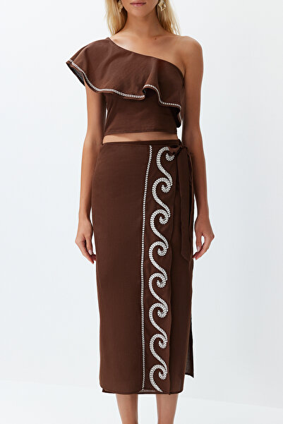 Trendyol Collection Brown Beach Blouse Impact Suit 100% Cotton Cotton Flounces One Shoulder Flounces Flounces