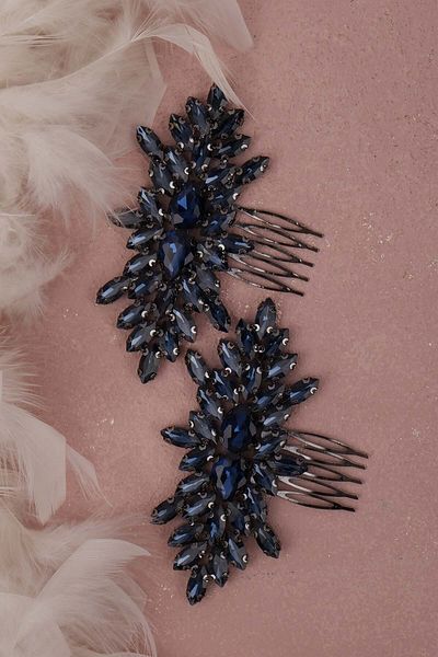 Hayalperest boncuk Accesoriu pentru păr de mireasă, model henna, 2 piese Accesoriu elegant pentru noapte și nuntă bleumarin
