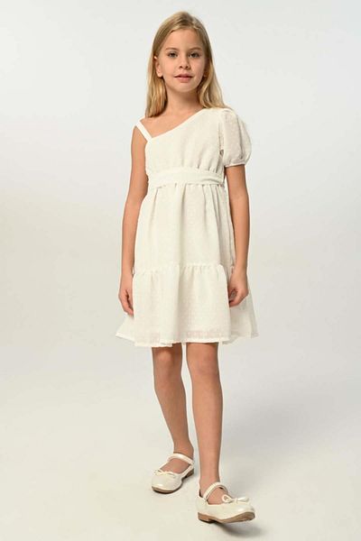 Riccotarz Girl's One Shoulder Belt Detailed White Chiffon Dress