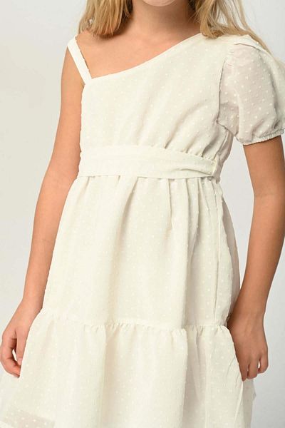 Riccotarz Girl's One Shoulder Belt Detailed White Chiffon Dress