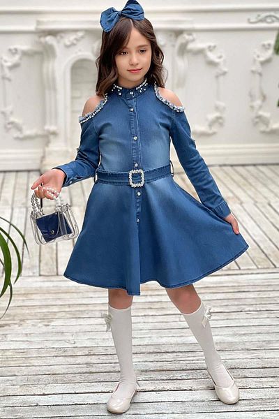 Riccotarz Girl's Shoulder and Collar Stone Embroidered Navy Blue Denim Dress