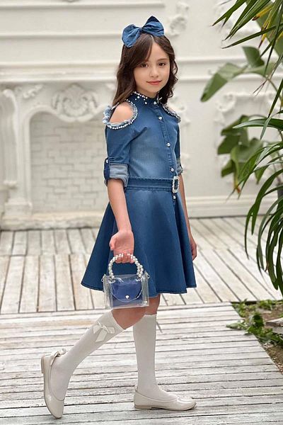 Riccotarz Girl's Shoulder and Collar Stone Embroidered Navy Blue Denim Dress