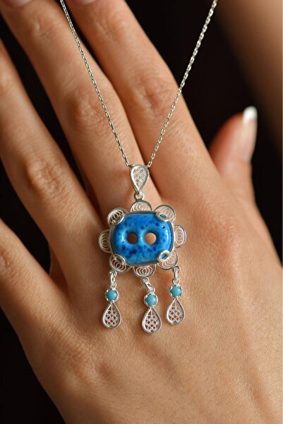 Roza Silver Firuze Taşlı İki Göz Süryani Nazarlığı Telkari Gümüş Kolye
