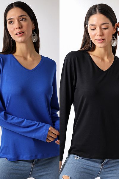 Devinka Women's 2 Pack V-Neck Oversize Basic Long Sleeve T-Shirt