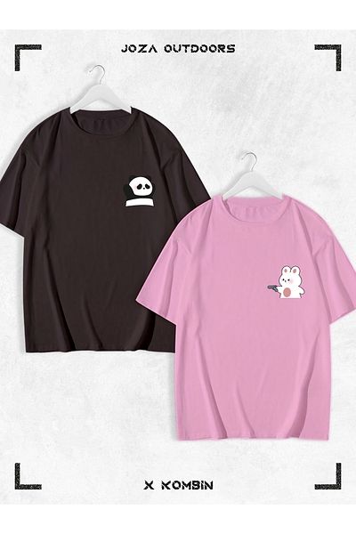 Joza Outdoors Bear Panda Printed Lover Oversize Tshirt - Unisex Σετ 2 τεμαχίων