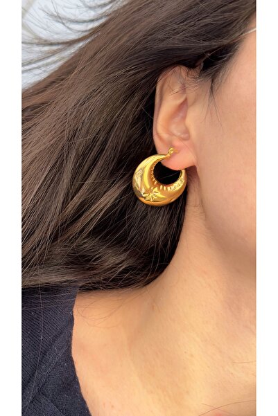 Opia JEWELRY - Yıldız Detaylı Bombeli Çelik Halka Küpe [4,5 CM]