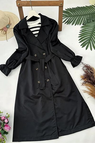 MODAQU Sleeve Gathered Buttoned Trench Coat Black