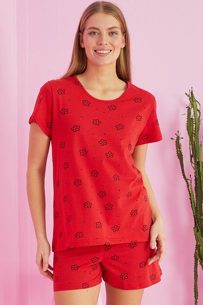 Siyah İnci Red floral patterned Cotton Shorts-Pajamas Set