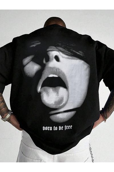 Black Sokak Tricou negru oversize pentru bărbați cu imprimeu „Born To Be Free”.