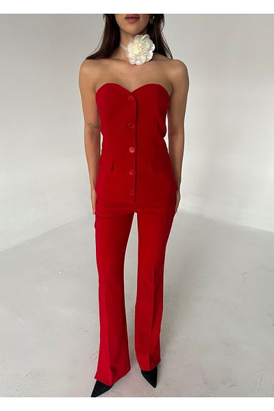 Laluvia Rotes Set mit trägerloser Bluse und Hosen mit Beinschlitz