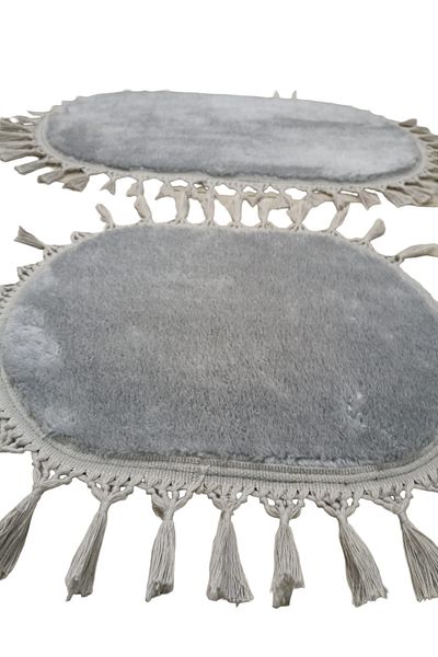 Altun Carpet 2-Piece Anti-Rasit Luxury Post Plush Pompon Fringed Gel Non-Slip Carpet Bath Mat