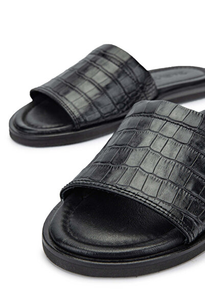 Tamer Tanca Men's Genuine Leather Black Flat Slippers
