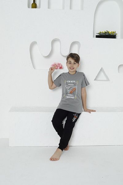 KAPİKİDS Short Sleeve Six Long Crew Neck Skate Board Printed Boys' Pajamas Set