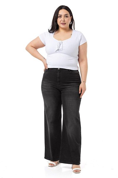 DISENTIS MODEST Large Size High Waist Wide Leg Black Denim Trousers