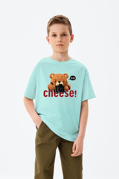 ADABEBEK Say Cheese Written Pictures Teddy Bear τυπωμένο μπλουζάκι για αγόρι