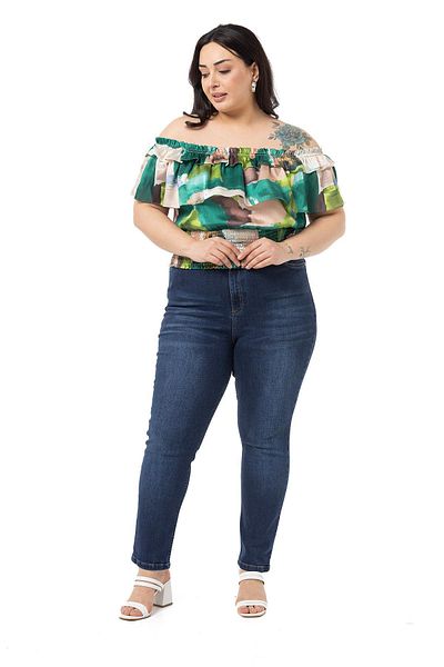 DISENTIS MODEST Large Size High Waist Slim Leg Navy Blue Denim Trousers
